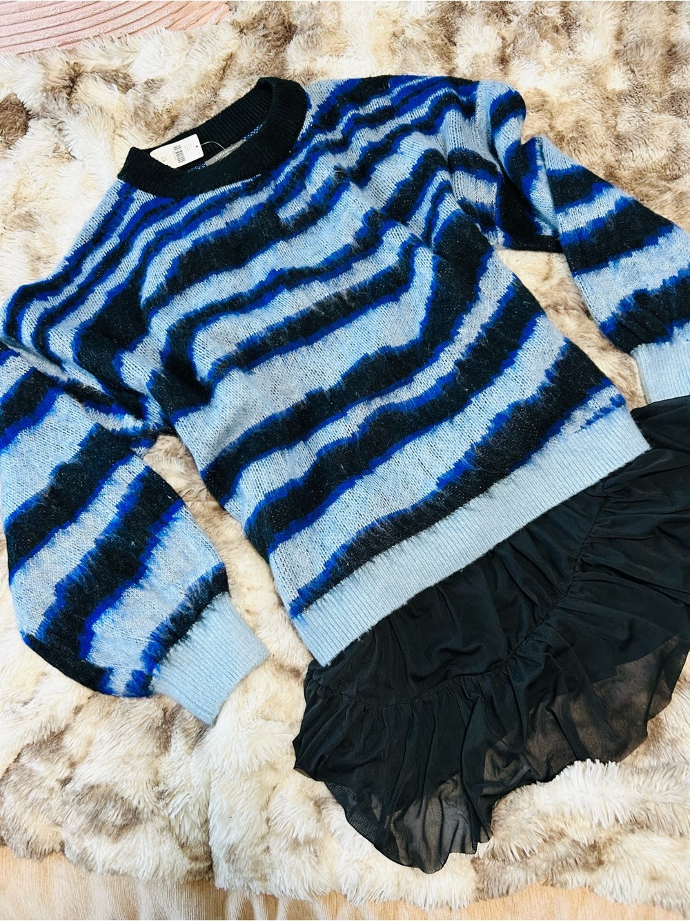 Anthropologie Blue Zebra Stripe Fuzzy Knit Sweater 2X Plus Size NWT